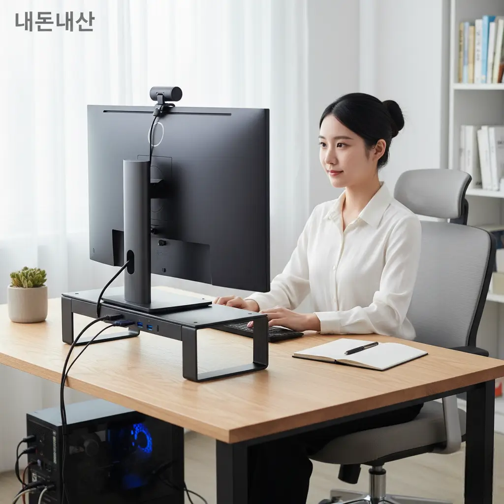 모니터 받침대 설치 후 올바른 자세로 모니터를 보는 모습