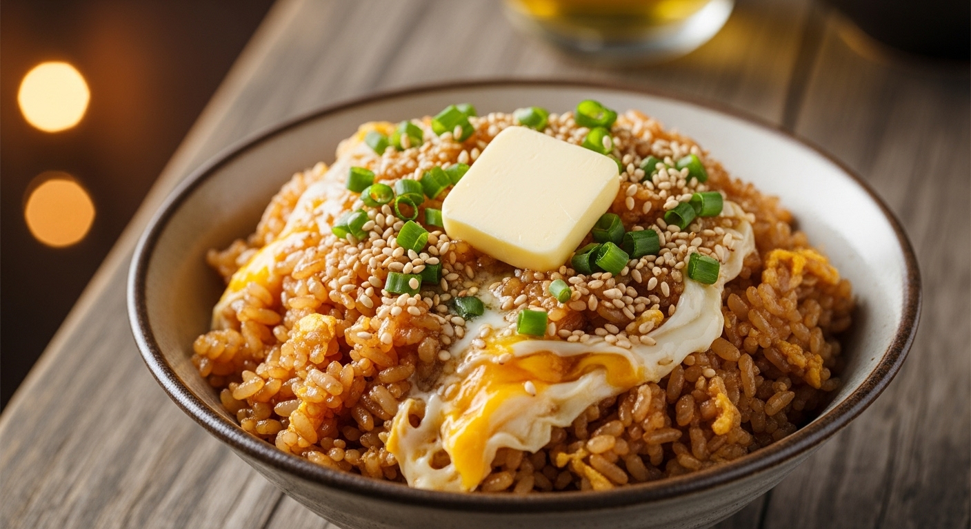 쪽파, 깨, 버터가 올라간 먹음직스러운 간장계란밥 한 그릇