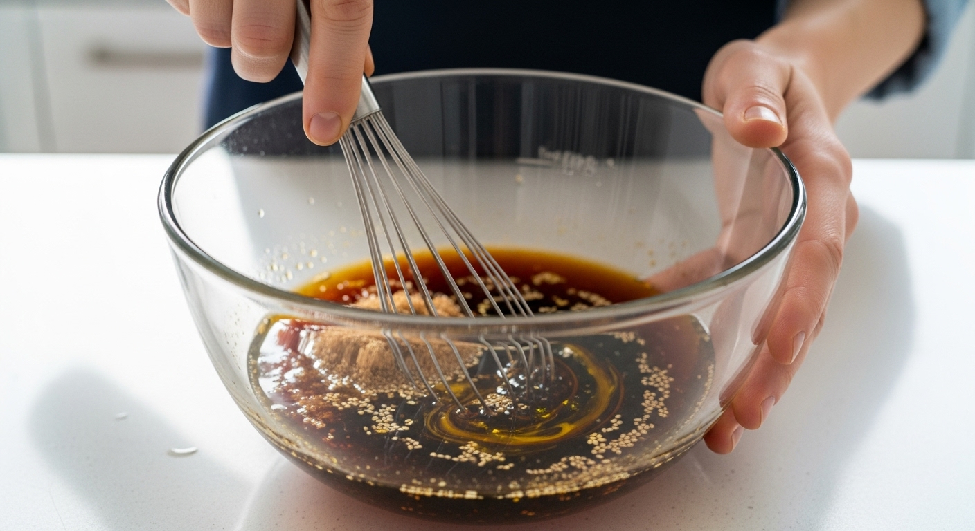 유리볼에 간장, 설탕, 참기름 등 만능 간장소스 재료를 섞는 모습