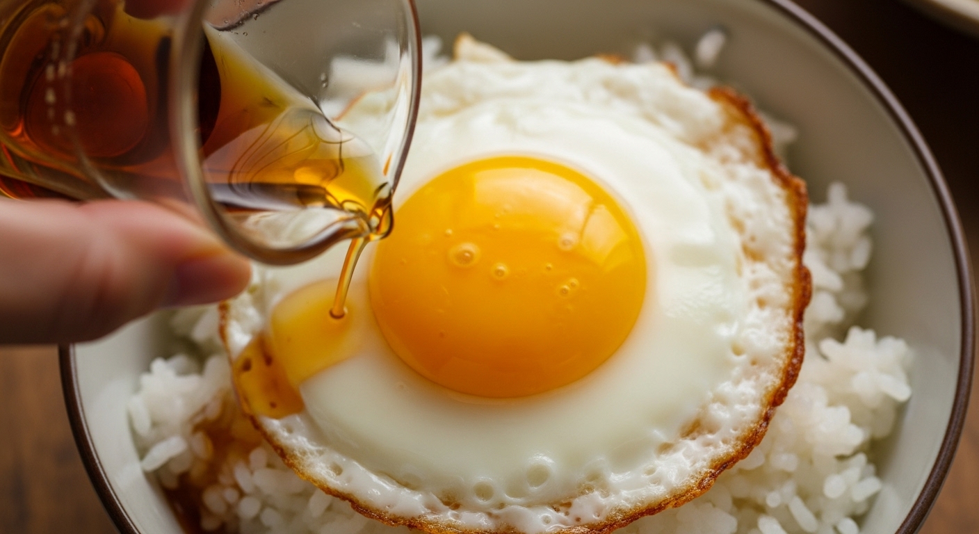 따뜻한 밥 위에 완벽하게 익은 계란 프라이와 만능 간장소스를 붓는 모습