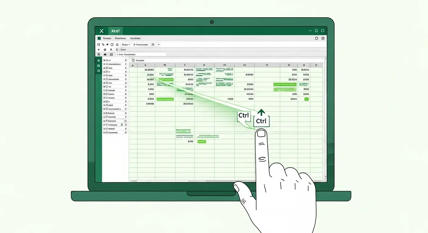 엑셀에서 Ctrl + 방향키를 사용하여 데이터 범위를 빠르게 이동하는 손의 모습, 효율적인 스프레드시트 탐색을 상징하는 일러스트.