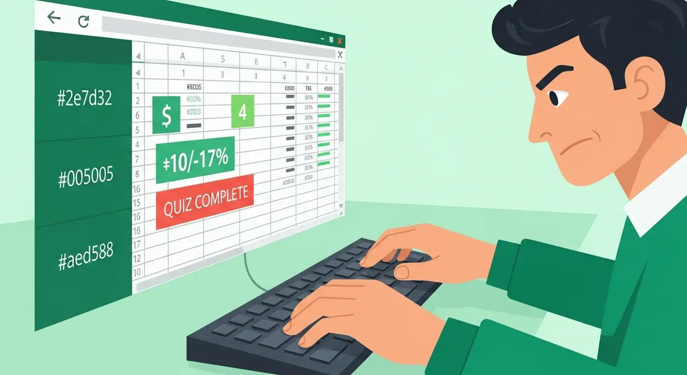 엑셀 단축키 퀴즈를 성공적으로 완료하고 자신감 있게 키보드를 조작하는 사람의 손, 엑셀 숙련도를 나타내는 역동적인 이미지.
