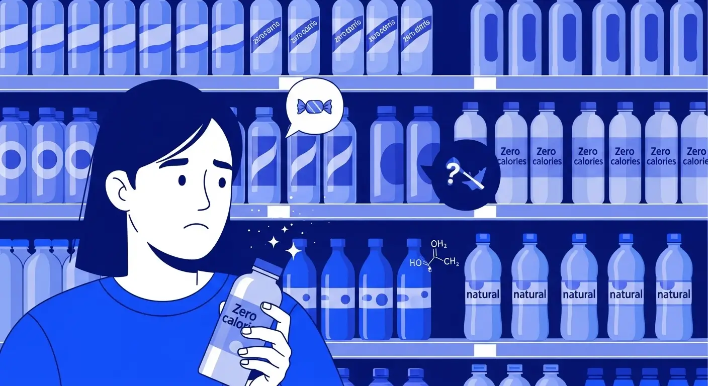 슈퍼마켓 진열대 앞에서 제로 음료와 일반 음료를 고민하는 사람의 모습.
