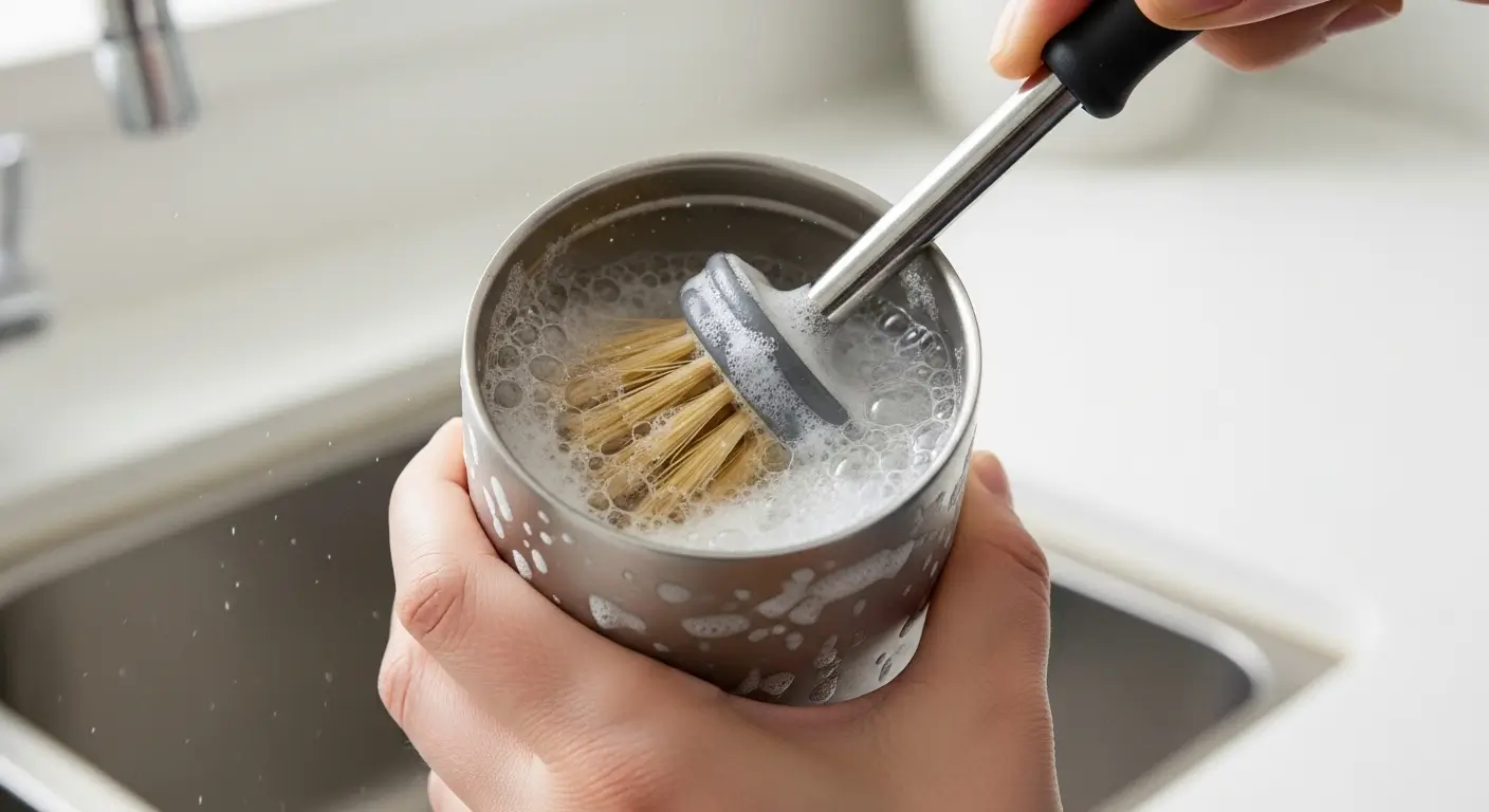 베이킹소다 물이 담긴 텀블러 내부를 긴 솔로 닦는 모습