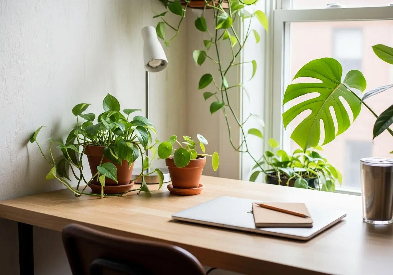 식물과 함께 꾸며진 친환경 원룸 인테리어 책상