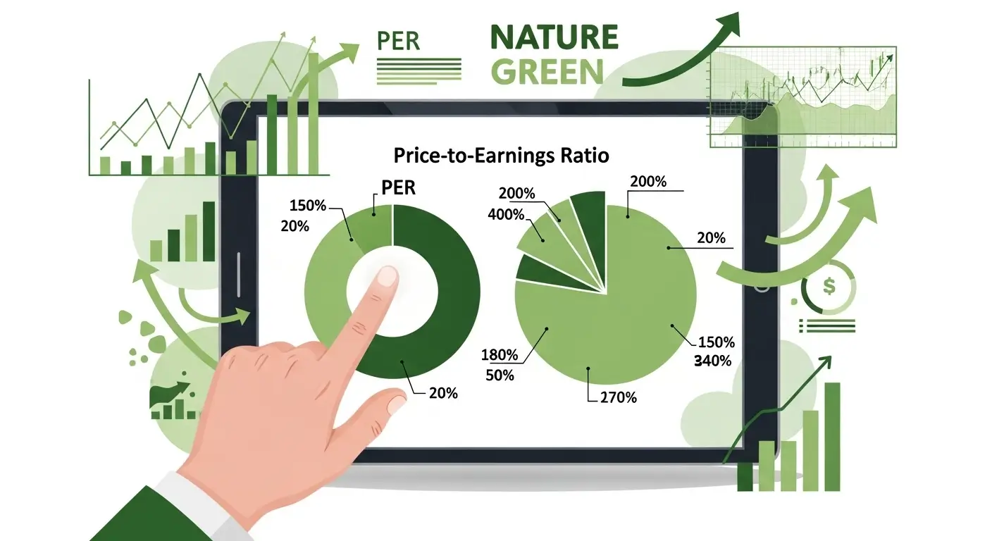 태블릿 화면에 표시된 재무 차트와 파이 그래프를 분석하는 손. PER 지표의 개념을 시각적으로 설명합니다.