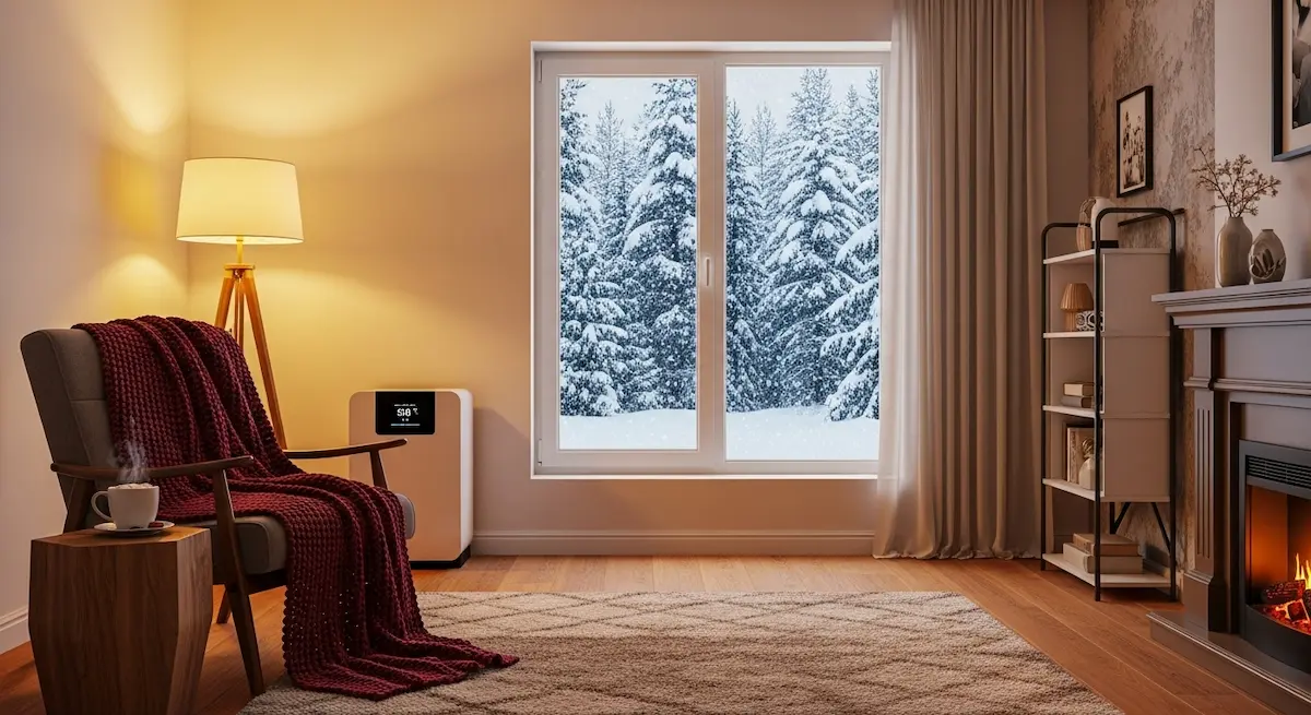 따뜻한 실내에서 창밖의 눈을 바라보는 모습, 겨울철 난방 효율 개선을 위한 수선유지비의 역할을 보여줍니다.
