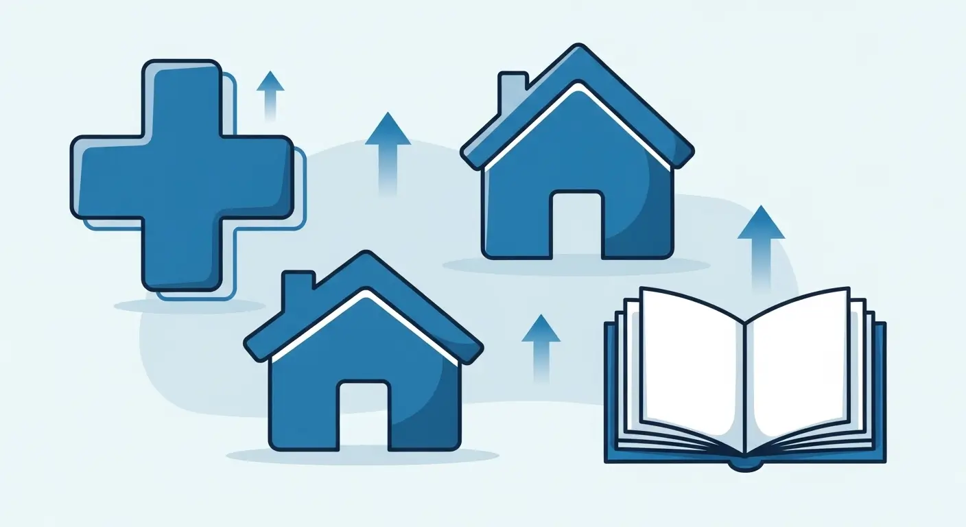 의료, 주거, 교육급여 등 다양한 기초생활수급자 혜택을 상징하는 아이콘들이 조화롭게 배치된 그림