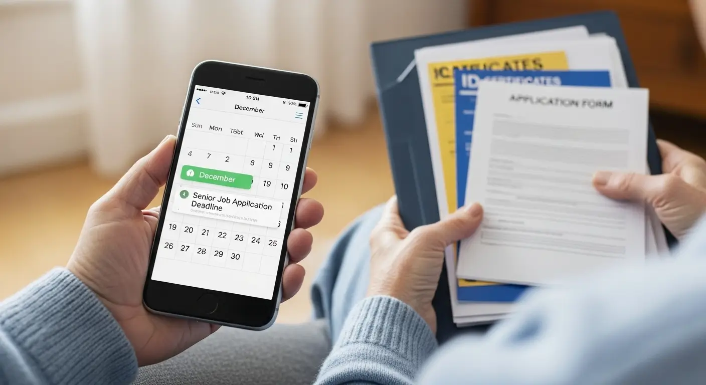 스마트폰으로 노인일자리 마감일을 확인하고, 미리 준비해둔 서류철을 들고 있는 어르신의 손. 꼼꼼한 준비의 중요성을 나타냅니다.