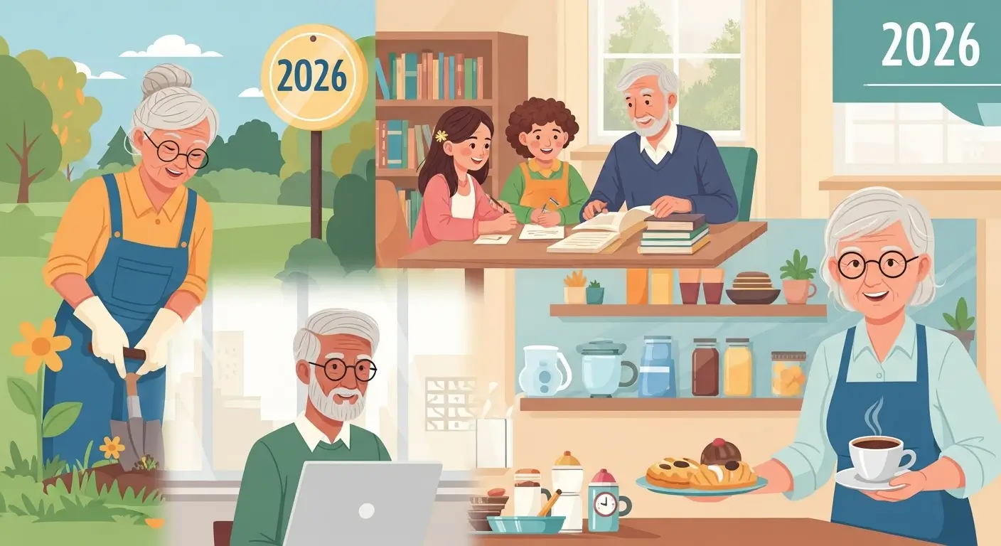 지역사회에서 각기 다른 노인일자리(정원 가꾸기, 도서관 봉사, 카페 근무)에 활발히 참여하는 어르신들의 모습.