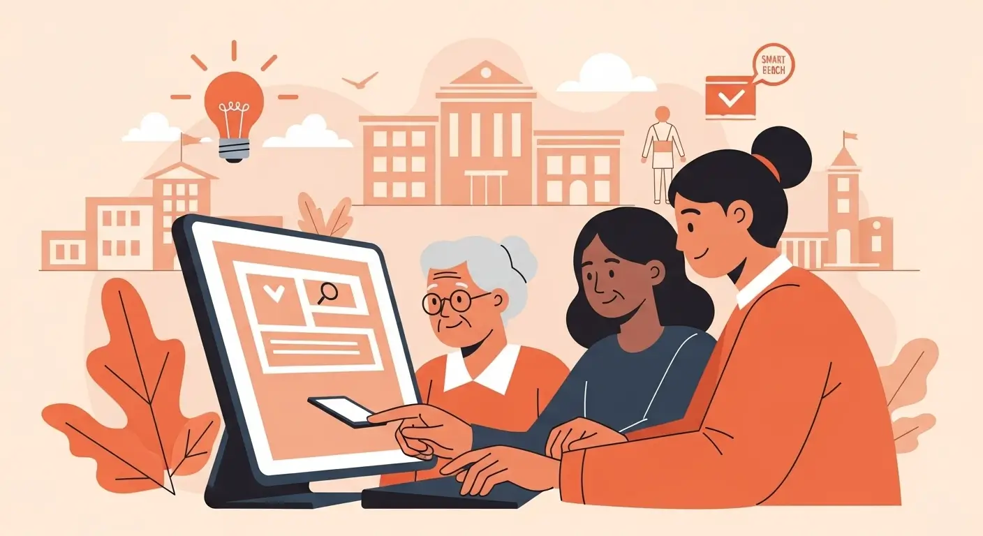 사람들이 컴퓨터나 스마트폰으로 대상포진 예방접종 지원 사업을 검색하고 있는 모습. 지자체의 공공 지원을 통해 합리적인 가격으로 접종할 수 있음을 상징합니다.