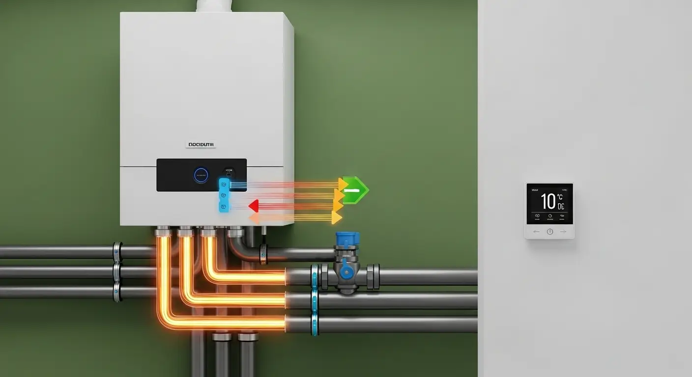 스마트 보일러와 온도 조절기를 통해 난방 효율을 최적화하는 모습
