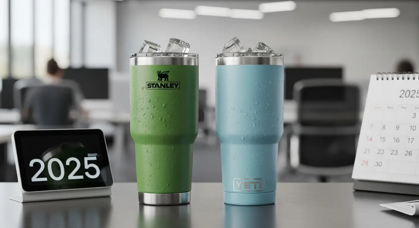 사무실 책상 위에 놓인 스탠리와 예티 텀블러. 텀블러 안에 얼음이 그대로 남아있어 뛰어난 보냉력을 보여주는 장면.