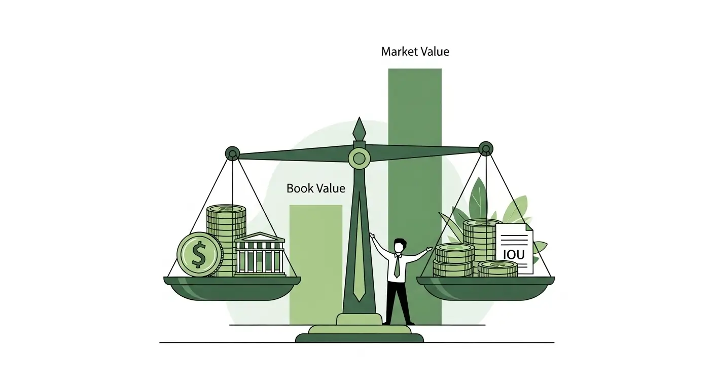 기업의 자산과 부채가 균형을 이루는 저울 그림. PBR을 통해 자산 가치를 평가하는 과정을 상징합니다.