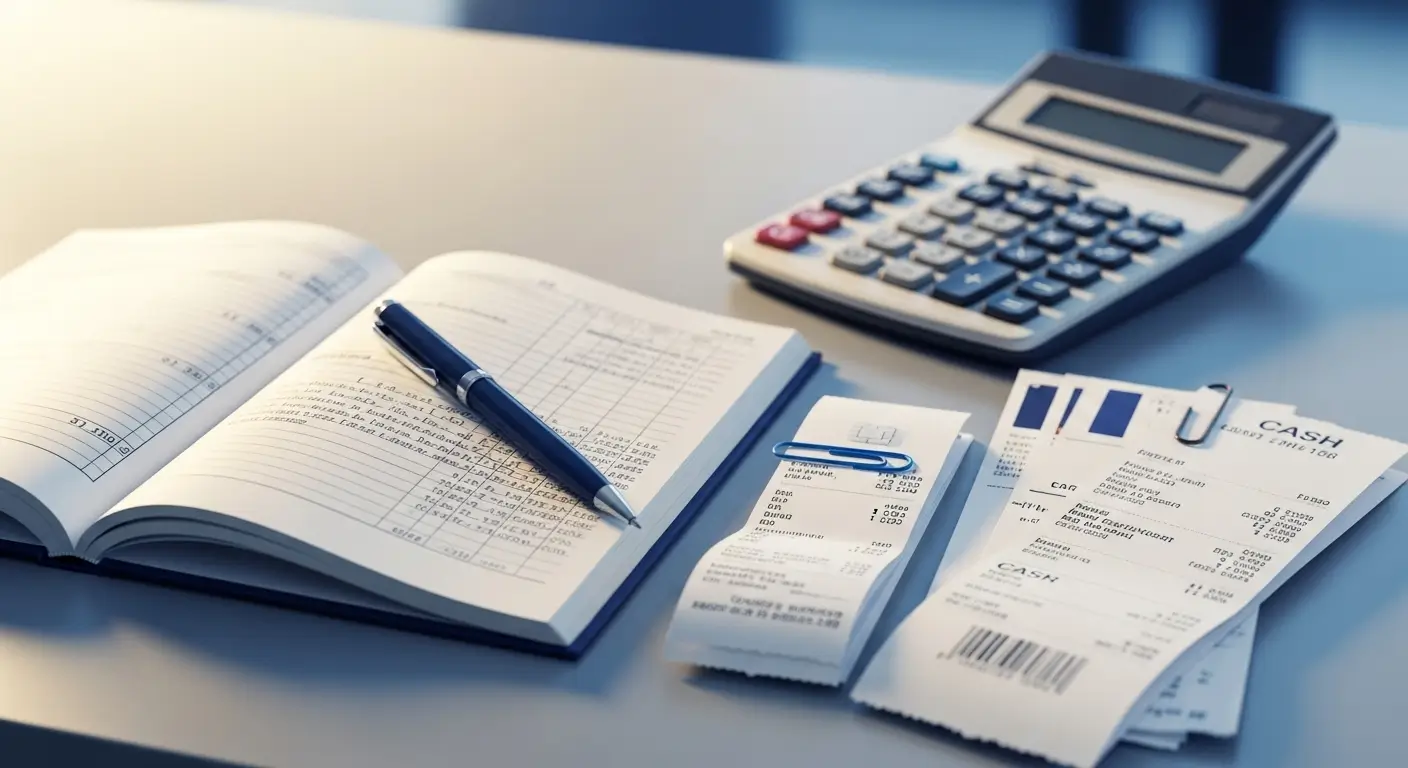 장부 기장을 위해 영수증과 계산기를 활용하여 꼼꼼하게 비용을 정리하는 모습