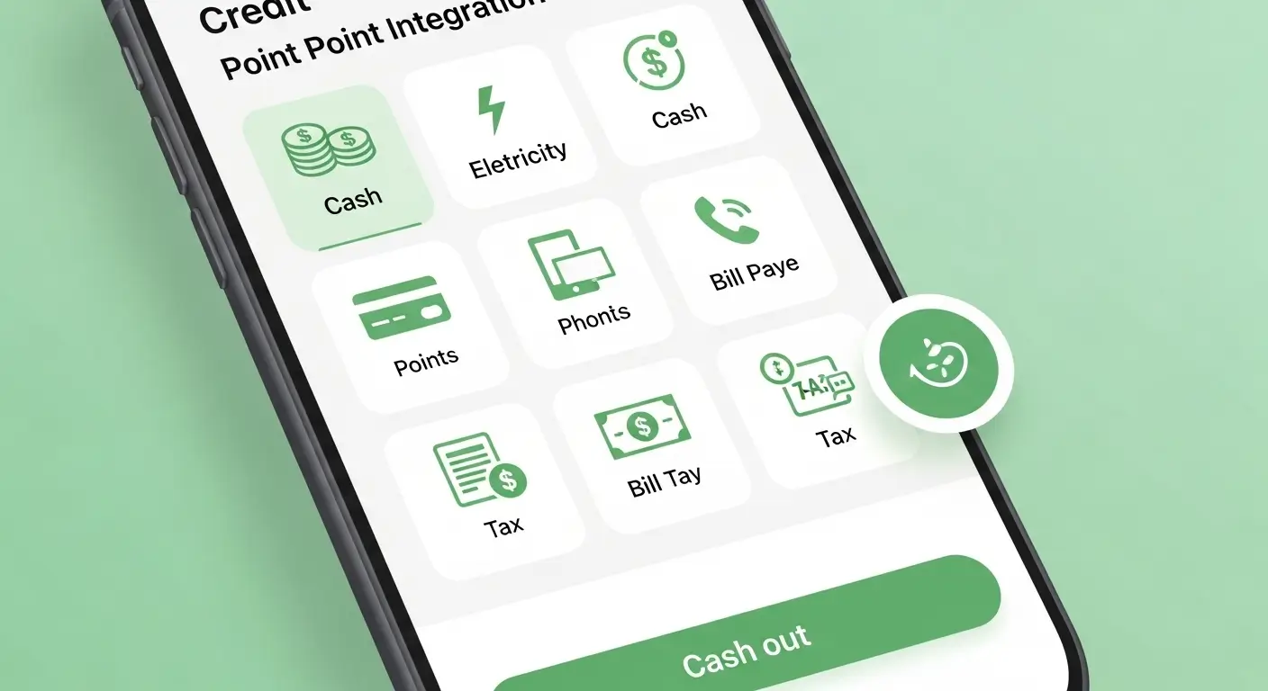 스마트폰 화면에서 카드 포인트를 현금으로 전환하거나 공과금을 납부하는 과정을 보여주는 그림. 절약의 흐름을 시각적으로 나타냅니다.