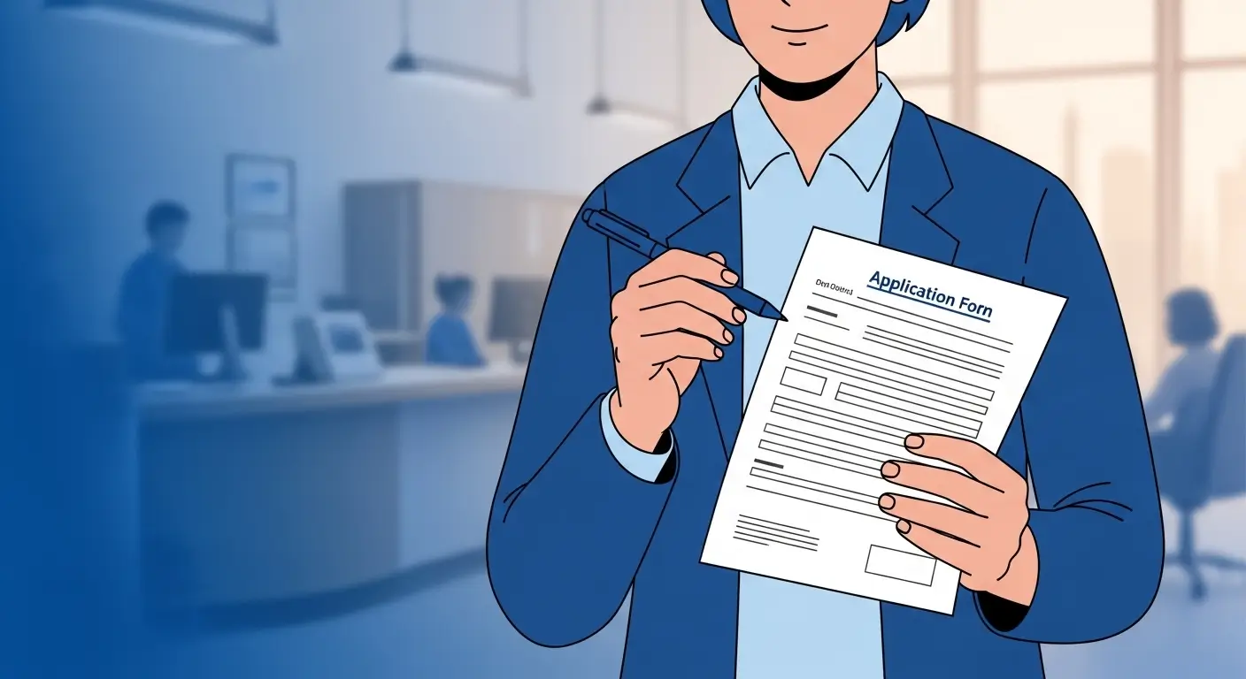 정부 신청 서류를 들고 주민센터에서 상담받는 사람의 모습, 신청 절차의 용이성을 상징