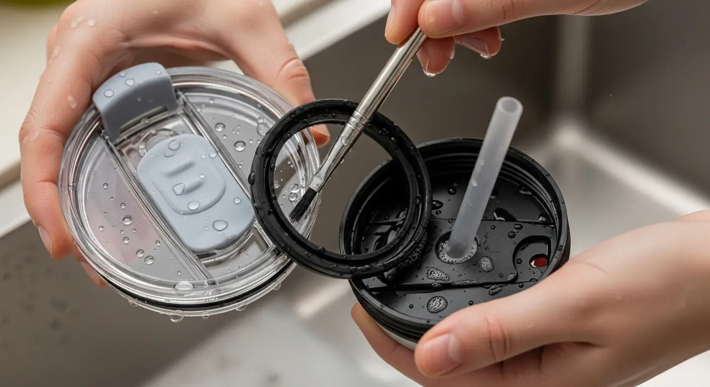 텀블러 뚜껑과 빨대 부품을 분리하여 전용 솔로 꼼꼼하게 세척하는 모습. 위생적인 텀블러 관리를 강조.