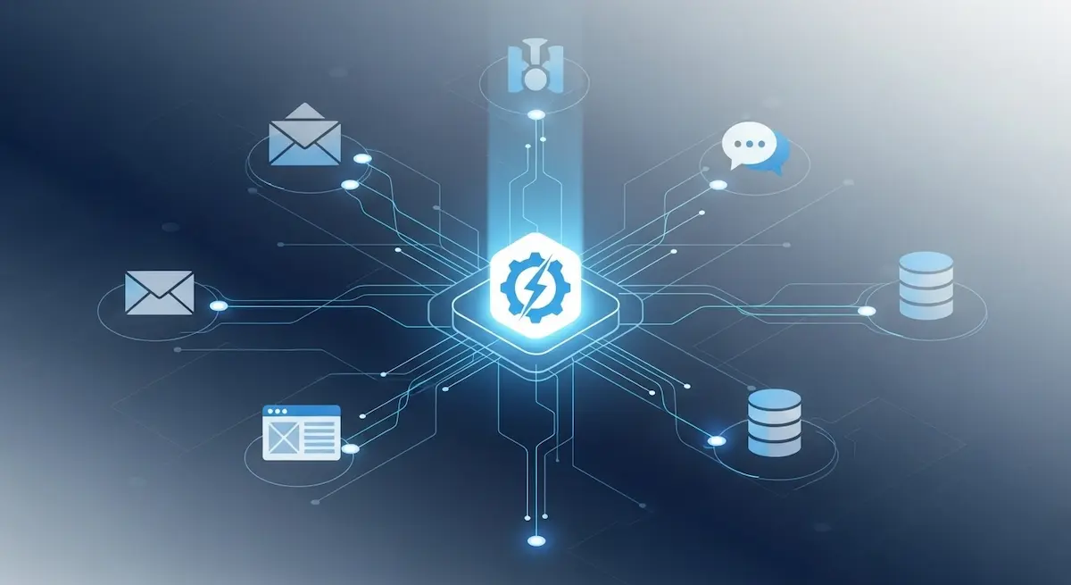 다양한 앱 아이콘들이 서로 연결되어 정보가 자동으로 흐르는 모습을 나타내는 Zapier 자동화 워크플로우 이미지