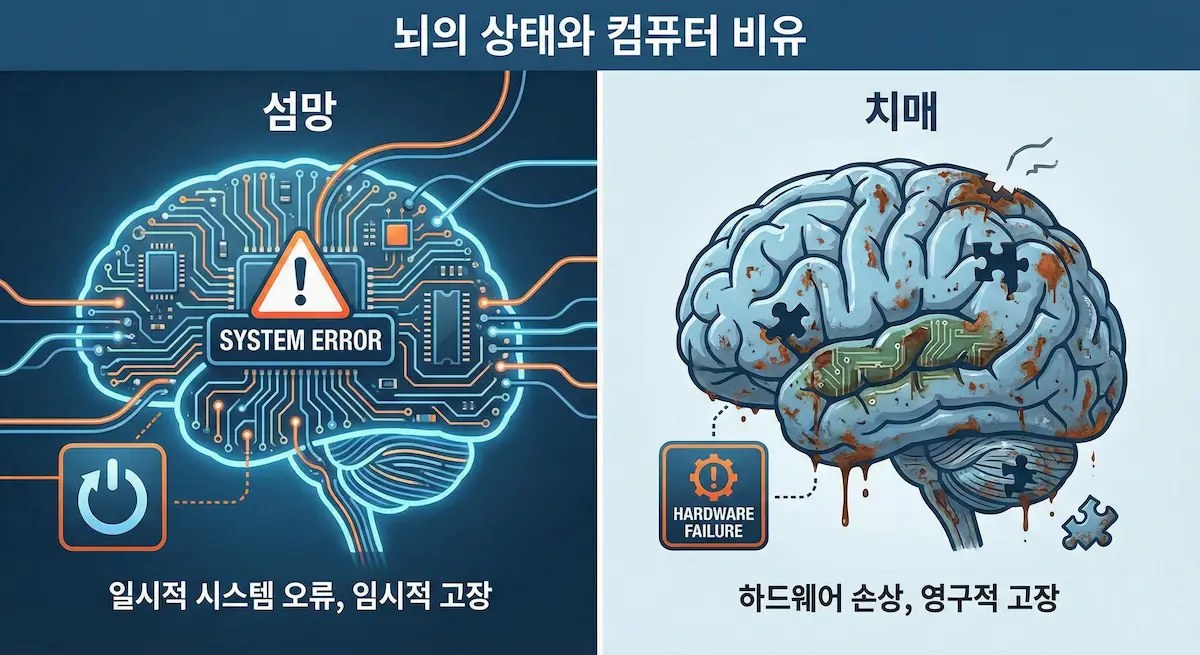 뇌의 일시적 오류(섬망)와 뇌세포 손상(치매)을 비교하는 인포그래픽