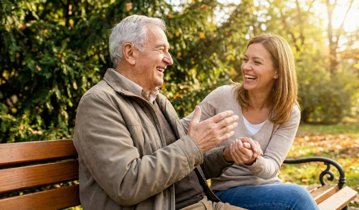 건강을 회복하고 자녀와 함께 웃고 있는 노인의 모습