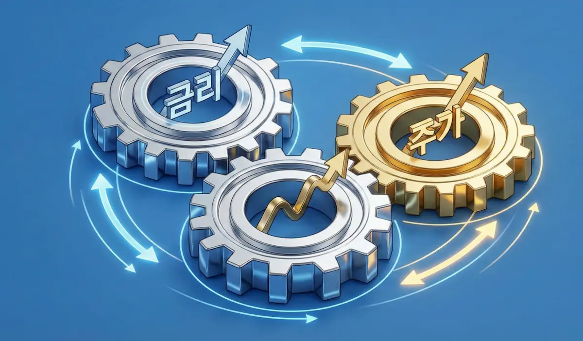 금리, 환율, 주가가 서로 톱니바퀴처럼 맞물려 돌아가는 메커니즘 다이어그램