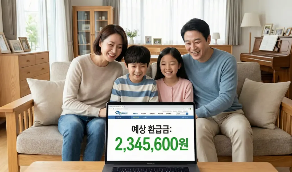 연말정산 환급금을 확인하고 기뻐하는 가족과 국세청 홈택스 화면