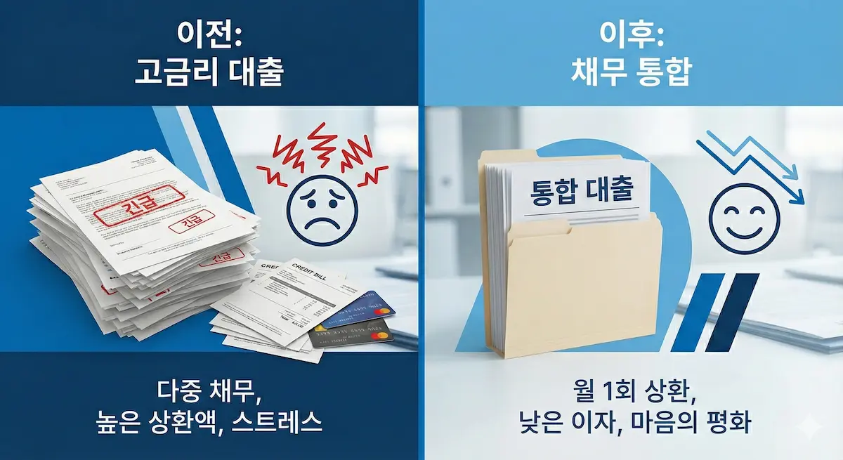고금리 대출을 저금리 대환대출로 성공적으로 전환하여 재정 부담을 줄이는 과정.