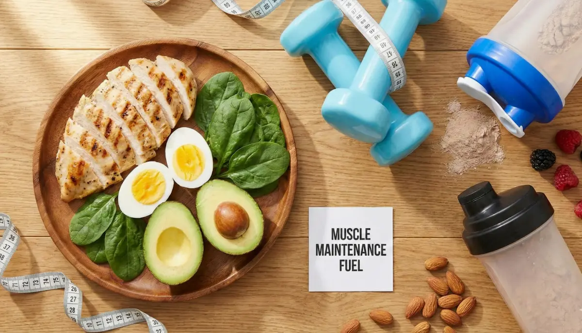 약물 부작용인 근손실을 막기 위한 고단백 식단(닭가슴살, 계란)과 아령이 함께 놓인 건강한 이미지