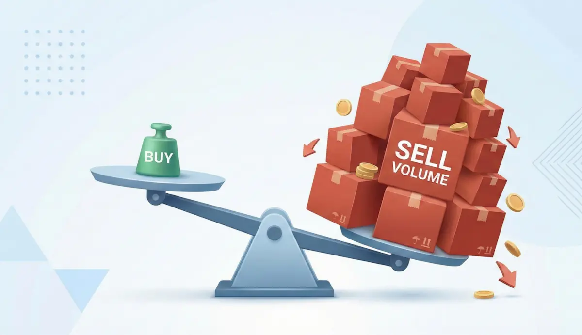 저울의 한쪽에는 '매수(Buy)'가, 다른 쪽에는 무거운 '매도 물량(Sell Volume)'이 놓여 있어 매도 쪽으로 기우는 모습. 유통 물량의 중요성 강조.