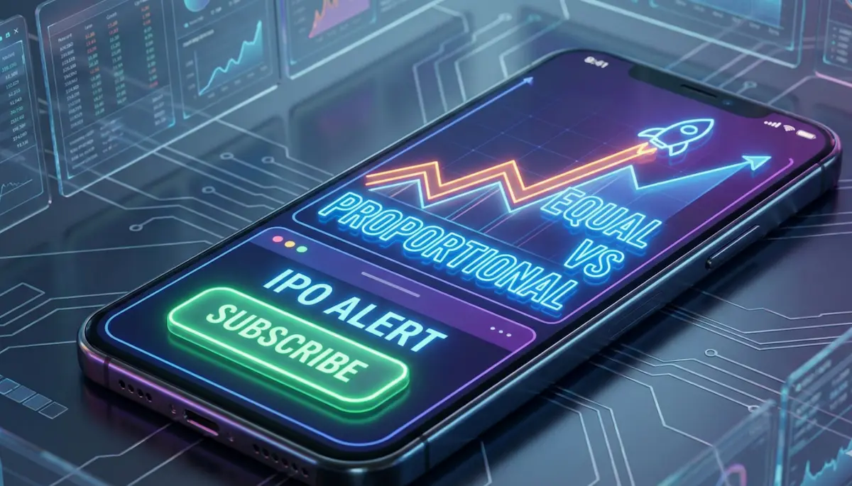 스마트폰 화면에서 주식 청약 버튼을 누르는 손과 위로 솟구치는 수익률 그래프. 배경에는 '균등 vs 비례'라는 텍스트가 네온 사인처럼 빛남.