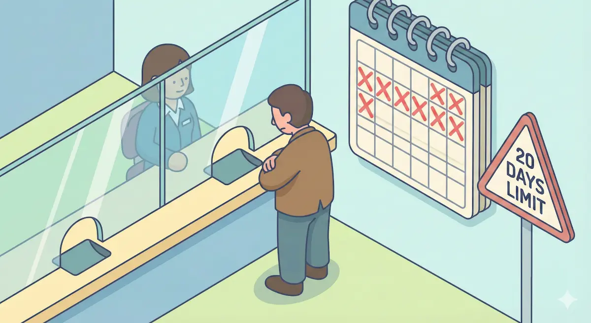 달력의 날짜들에 빨간색 X 표시가 되어 있고, 은행 창구 앞에서 좌절하는 사람의 뒷모습 일러스트. '20 Days Limit' 경고 문구.