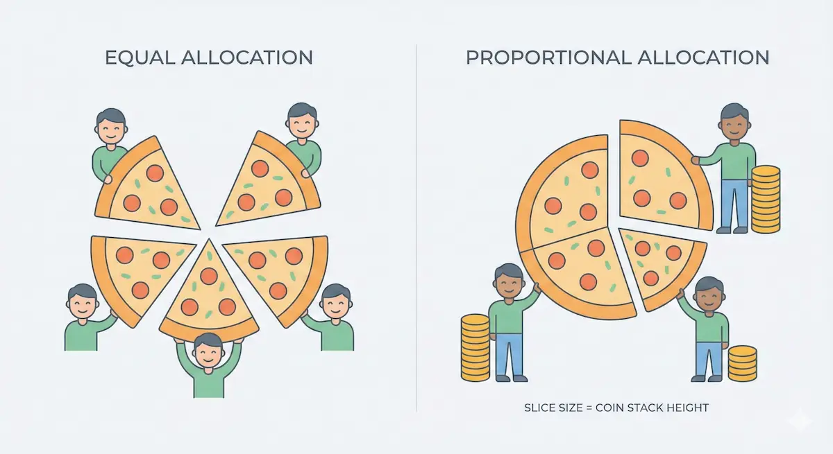 균등 배정과 비례 배정의 차이를 보여주는 인포그래픽. 균등은 피자 한 판을 똑같이 나누는 모습, 비례는 동전 탑의 높이에 따라 피자 조각 크기가 달라지는 모습.