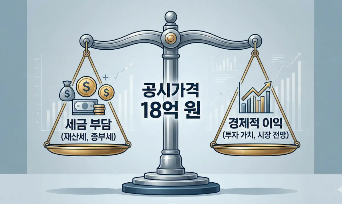 공시가격 18억 원을 기준으로 균형을 이루고 있는 저울 일러스트, 깔끔하고 전문적인 느낌