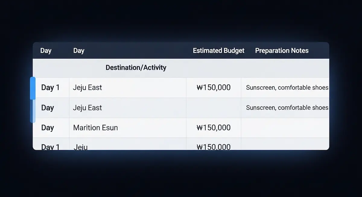 노션 AI를 활용하여 일자별 동선, 예상 예산, 준비물이 표 형식으로 깔끔하게 정리된 여행 계획 화면.