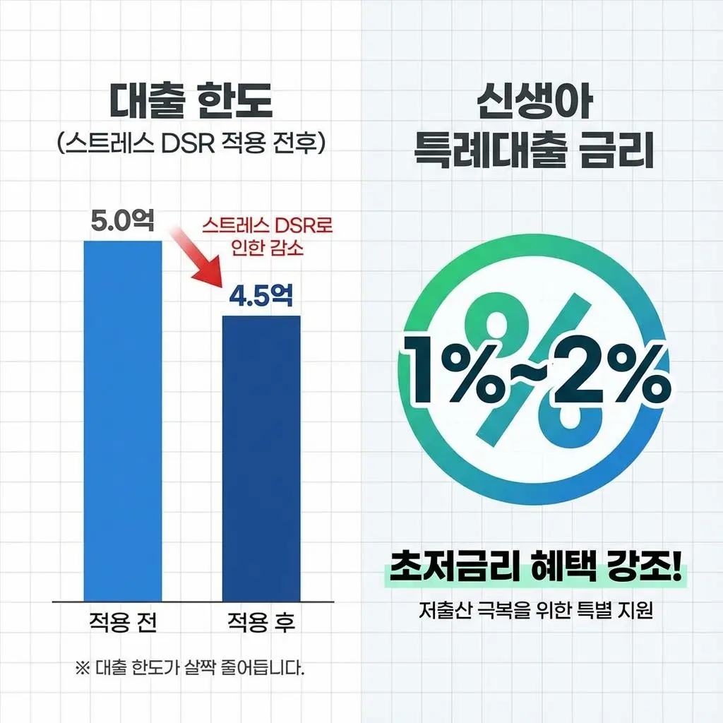스트레스 DSR 대출한도 감소와 신생아 특례대출 금리 비교