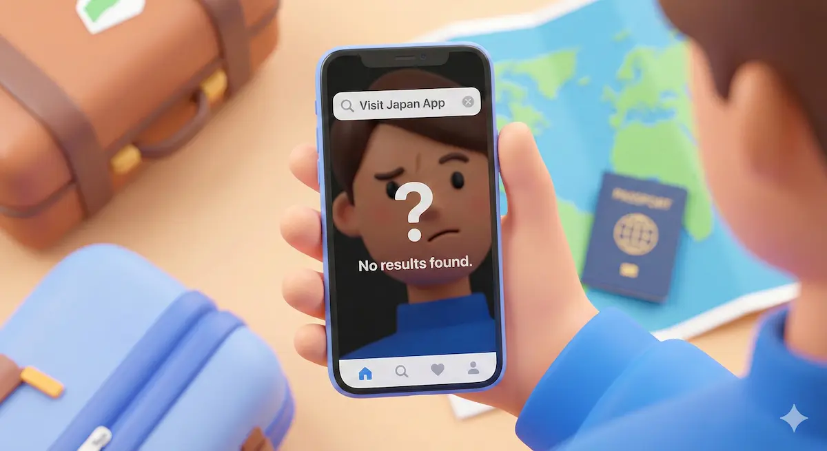 스마트폰 화면에 'Visit Japan App' 검색 결과가 없고 물음표(?)가 떠 있는 일러스트. 당황하는 여행객의 손.