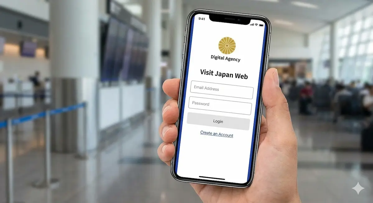 비짓재팬웹(Visit Japan Web) 모바일 메인 화면. 깔끔한 UI와 일본 정부 로고가 보이는 로그인 페이지.