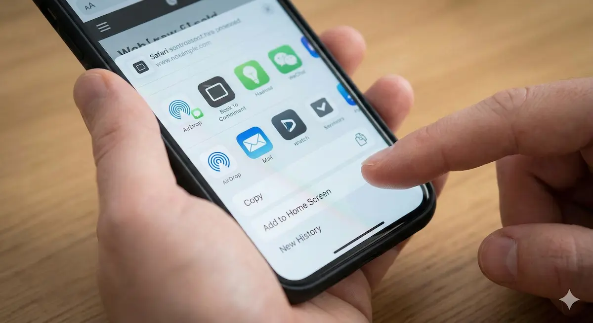 아이폰 사파리 브라우저 하단 공유 버튼을 누르고 '홈 화면에 추가' 메뉴를 선택하는 손가락 제스처 클로즈업.