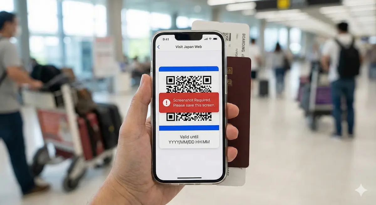 비짓재팬웹 입국심사 완료 후 생성된 노란색/파란색 QR코드 화면.