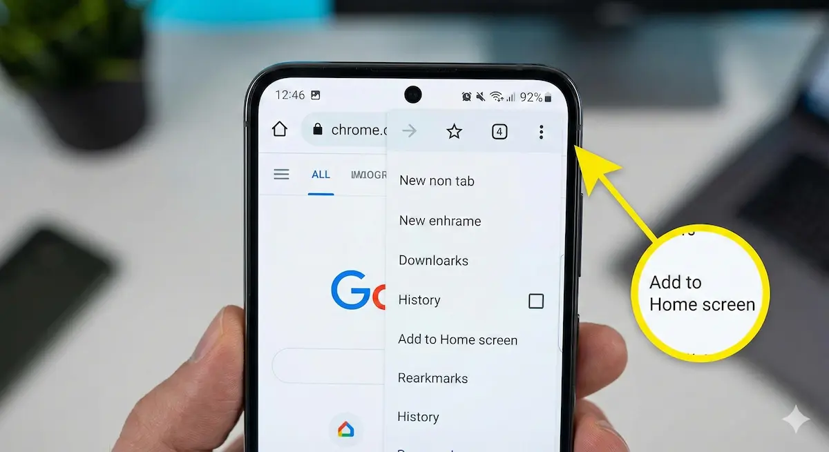 안드로이드 갤럭시 폰 크롬 브라우저 메뉴에서 '홈 화면에 추가'를 선택하는 직관적인 가이드 이미지.