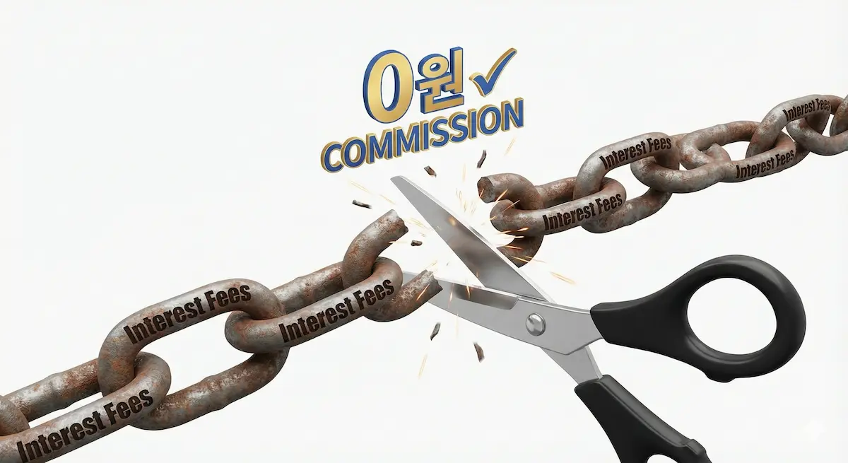 날카로운 가위가 '수수료(Fee)'라고 적힌 쇠사슬을 싹둑 자르는 시원한 일러스트