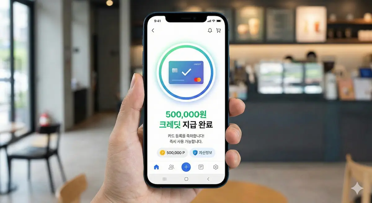 소상공인 부담경감 크레딧 50만 원이 성공적으로 지급되어 카드에 등록되는 모습의 UI 화면.