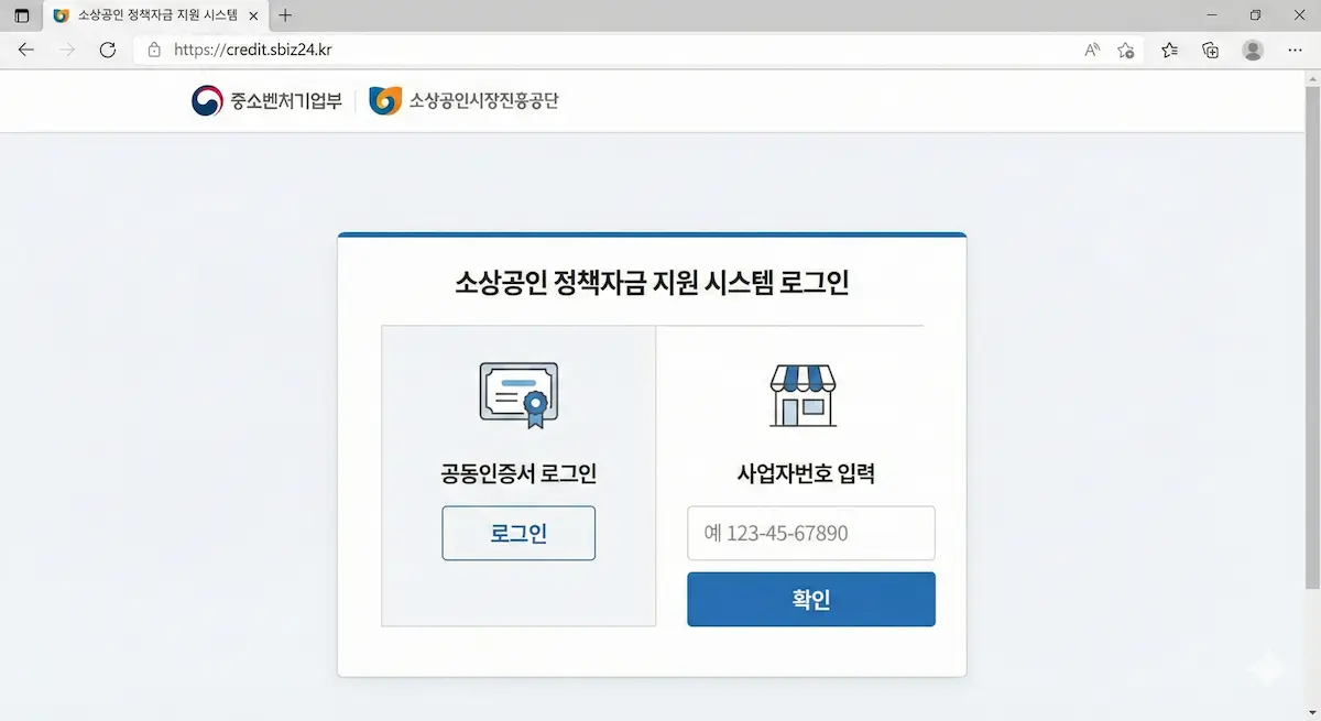 소상공인 부담경감 크레딧 신청을 위한 공동인증서 로그인 및 사업자번호 입력 화면.