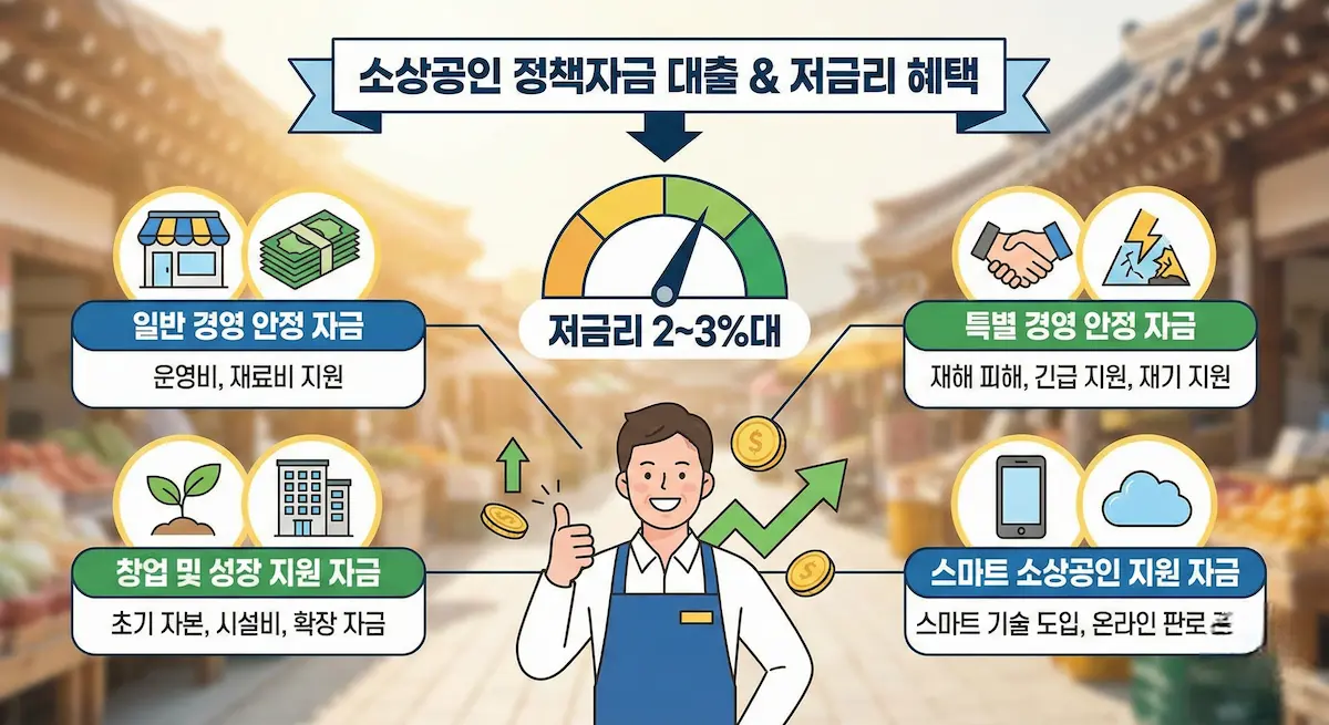 소상공인 정책자금 대출의 다양한 종류와 저금리 혜택을 시각적으로 나타낸 이미지.