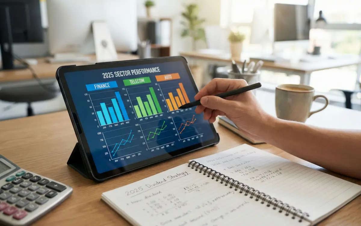 스마트한 투자자가 데이터를 분석하고 전략을 세우는 모습. 금융, 통신, 자동차 등의 아이콘을 활용하여 섹터별 분산 투자를 시각화합니다.