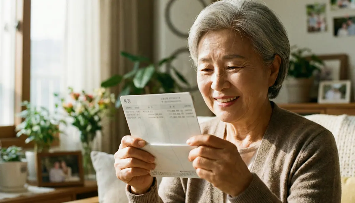 통장을 들고 안도하며 웃고 있는 할머니