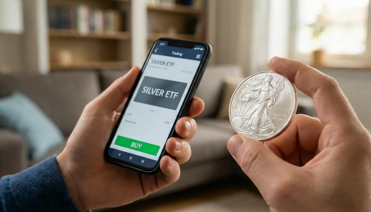 스마트폰 주식 앱 화면과 실물 실버바를 비교하는 이미지