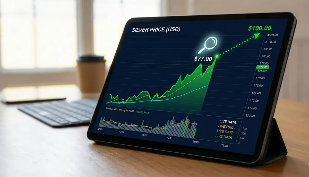 가파르게 우상향하는 은 시세 차트와 'Target $100' 텍스트