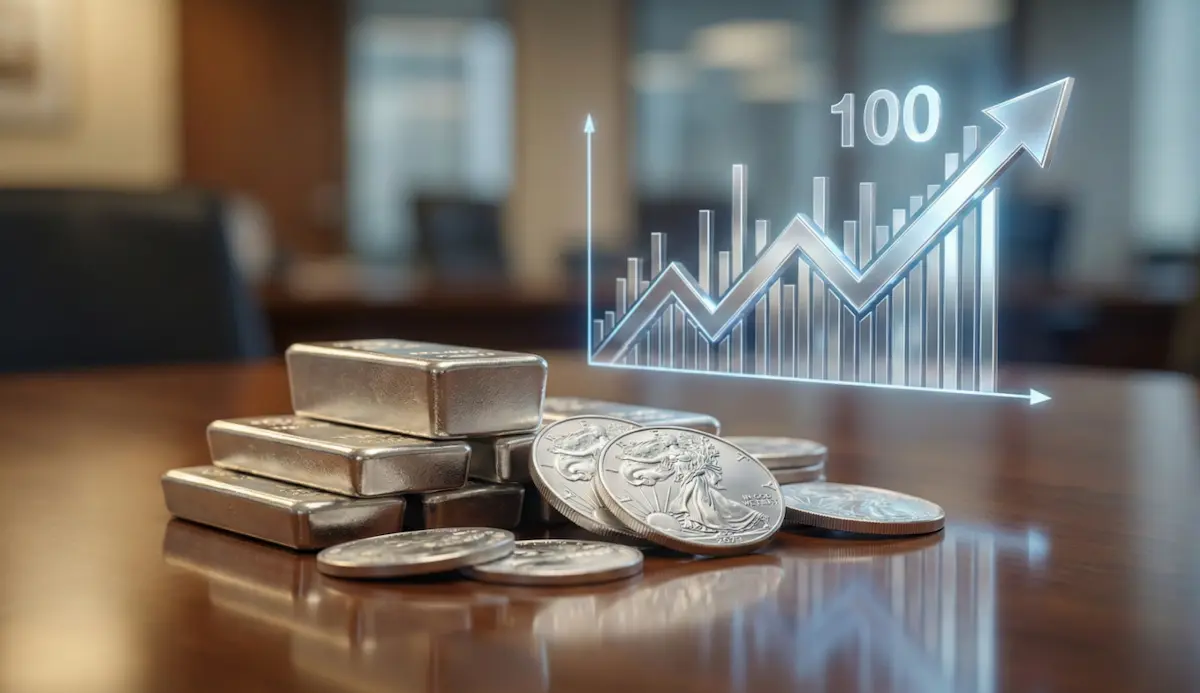 상승하는 은색 그래프와 은화/실버바가 쌓여 있는 고화질 이미지